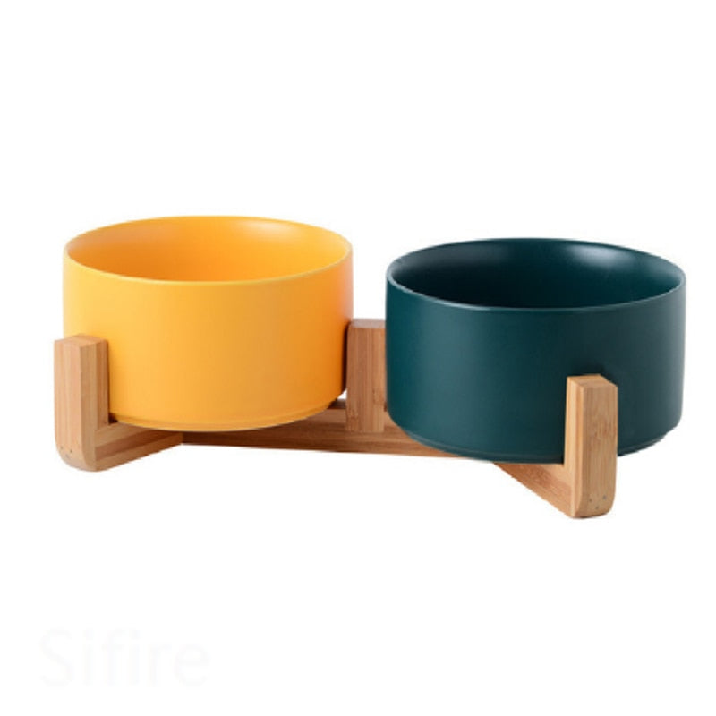 Ceramic Pet Bowl with Wood Stand 0 Pad & Paw Yellow & Green