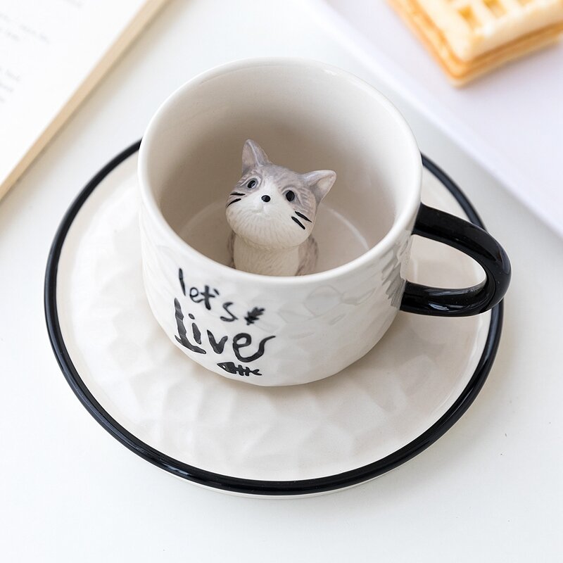 3D Cat Cup & Saucer 0 Pad & Paw let's live (grey cat)