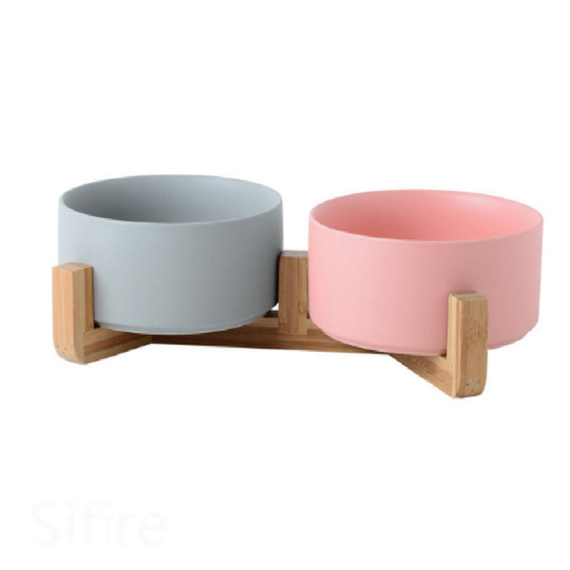 Ceramic Pet Bowl with Wood Stand 0 Pad & Paw Gray & Pink  