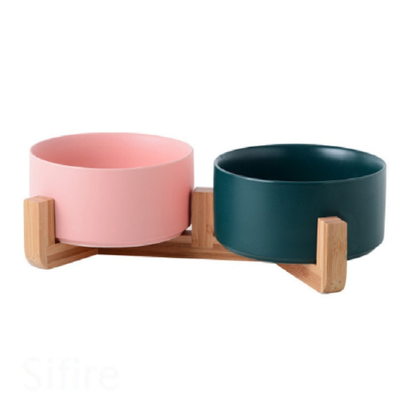 Ceramic Pet Bowl with Wood Stand 0 Pad & Paw Pink & Green  