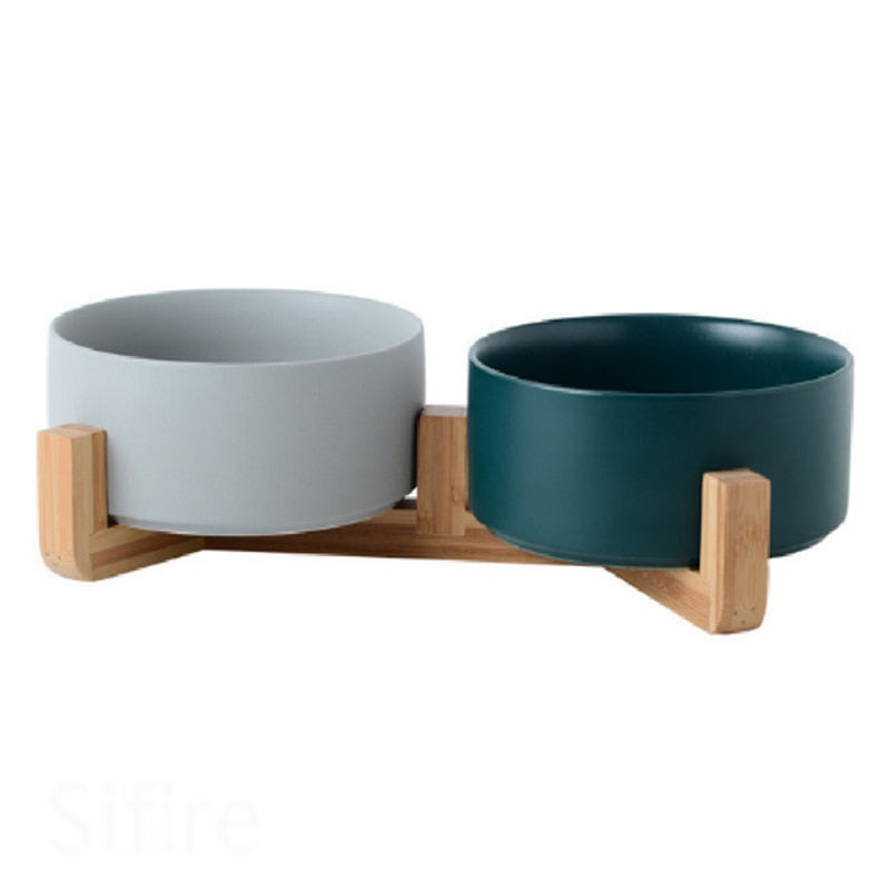 Ceramic Pet Bowl with Wood Stand 0 Pad & Paw Gray & Green  