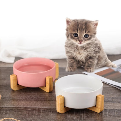 Ceramic Pet Bowl with Wood Stand 0 Pad & Paw   