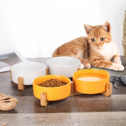 Ceramic Pet Bowl with Wood Stand 0 Pad & Paw   