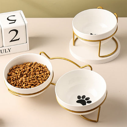 Ceramic Cat Bowl Set with Iron Stand  Pad & Paw   