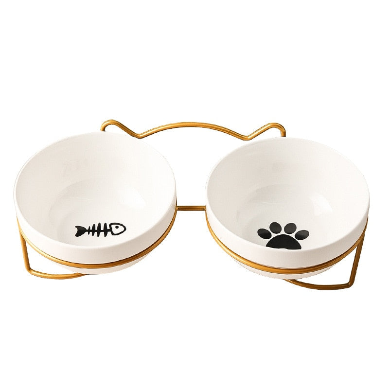 Ceramic Cat Bowl Set with Iron Stand  Pad & Paw Gold  