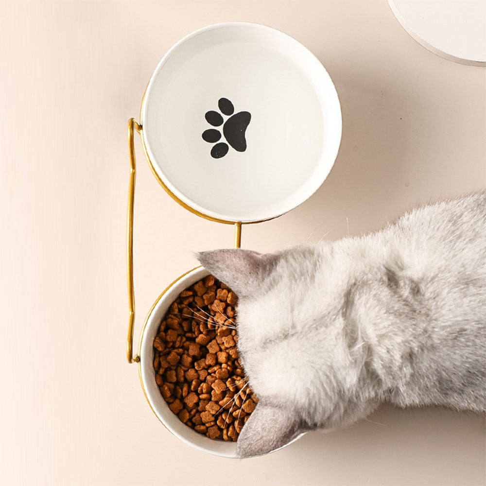 Ceramic Cat Bowl Set with Iron Stand  Pad & Paw   