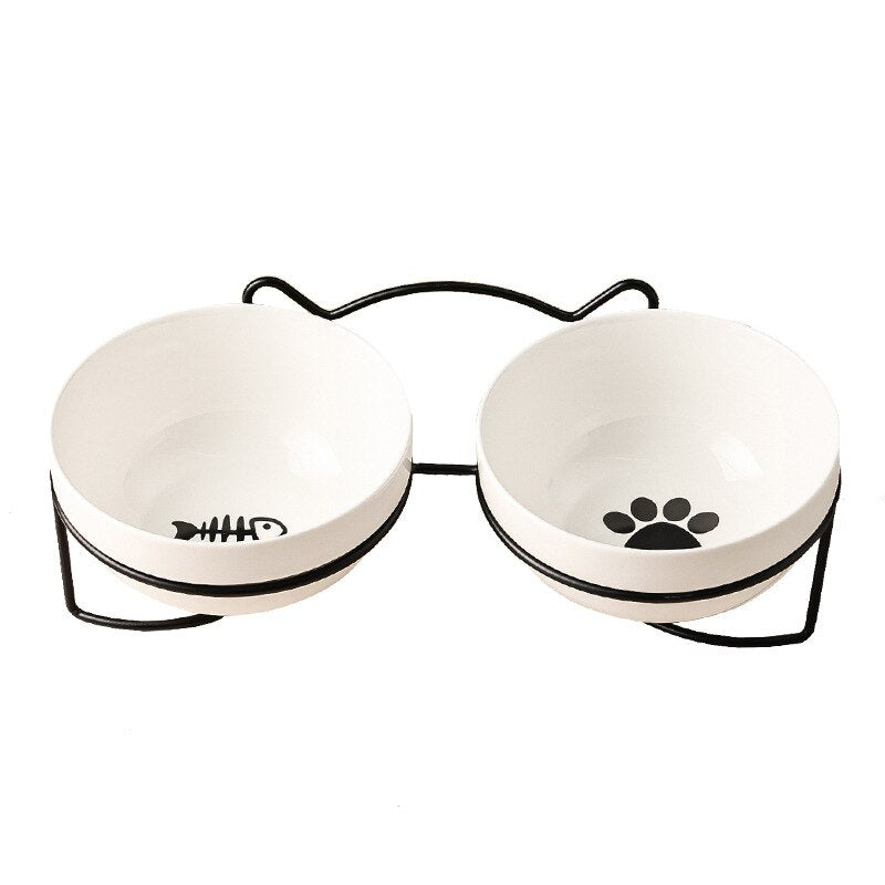 Ceramic Cat Bowl Set with Iron Stand  Pad & Paw Black  