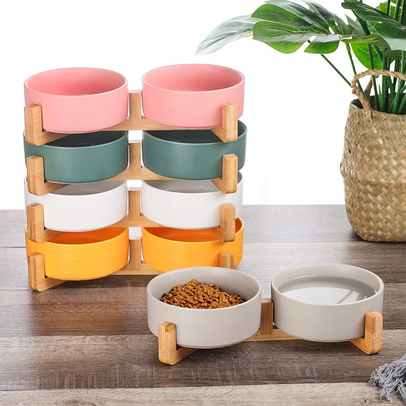 Ceramic Pet Bowl with Wood Stand 0 Pad & Paw   