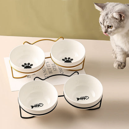 Ceramic Cat Bowl Set with Iron Stand  Pad & Paw   